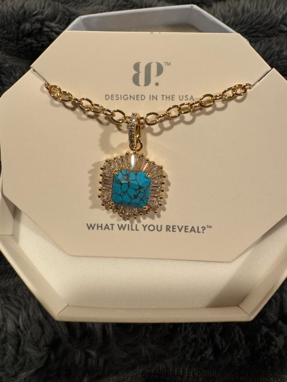 Gold Necklace with Turquoise Square Pendant